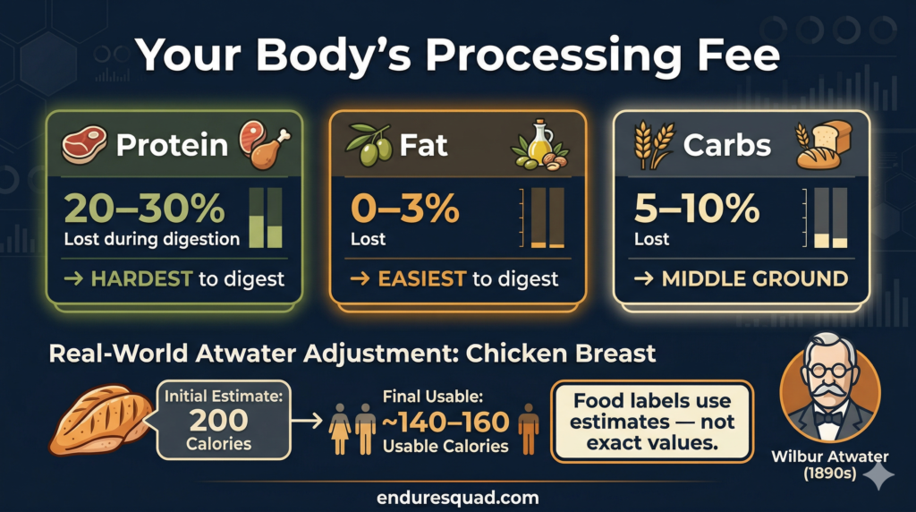 Atwater calorie processing fee infographic showing protein fat and carb digestion percentages
