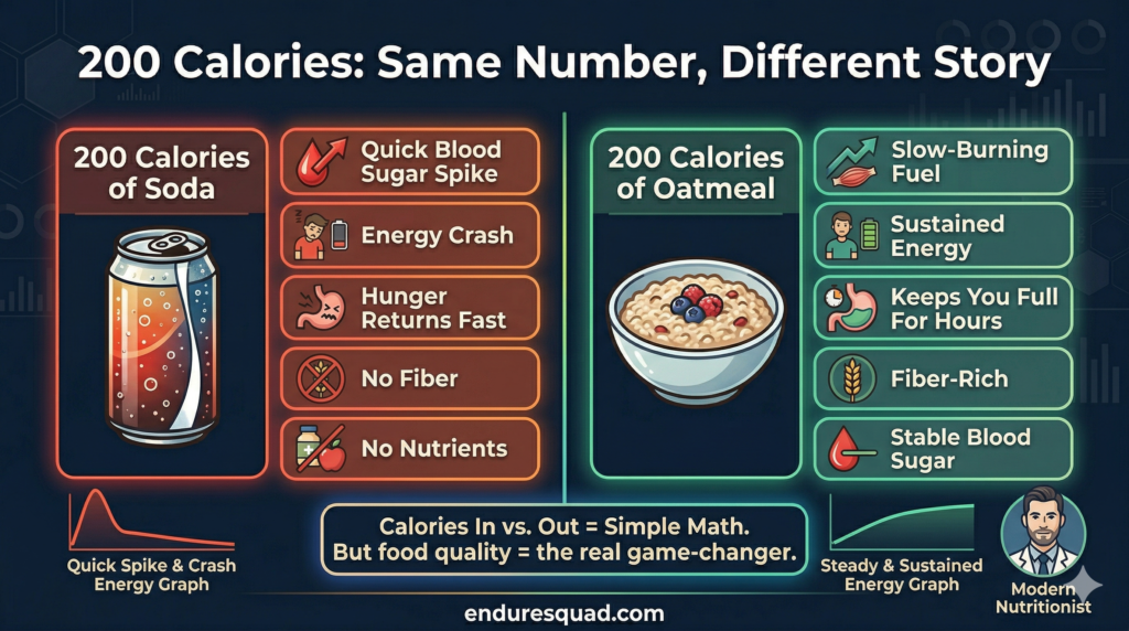 200 calories comparison infographic showing oatmeal vs soda calorie quality difference