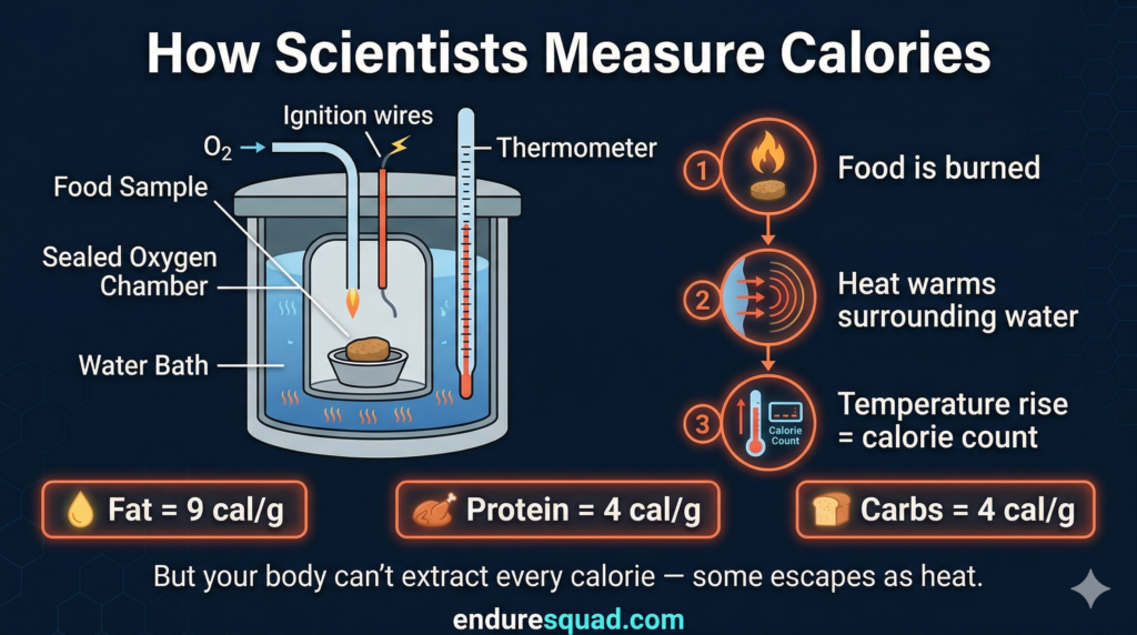 bomb calorimeter diagram showing how scientists measure calorie content of food