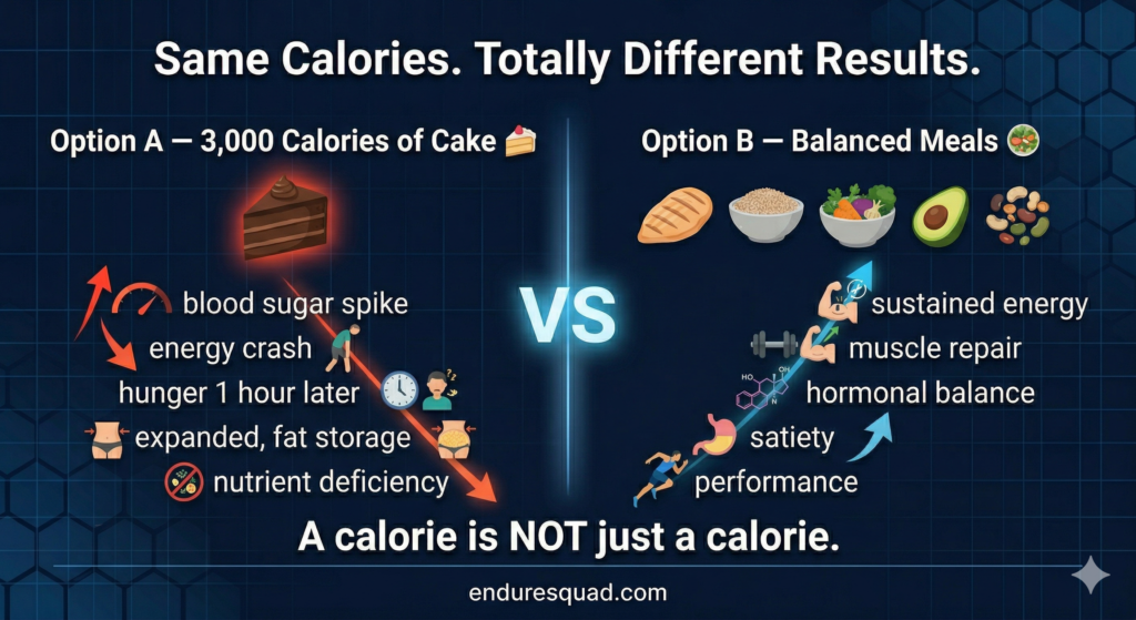 Good calories vs bad calories comparison - same calories totally different results infographic