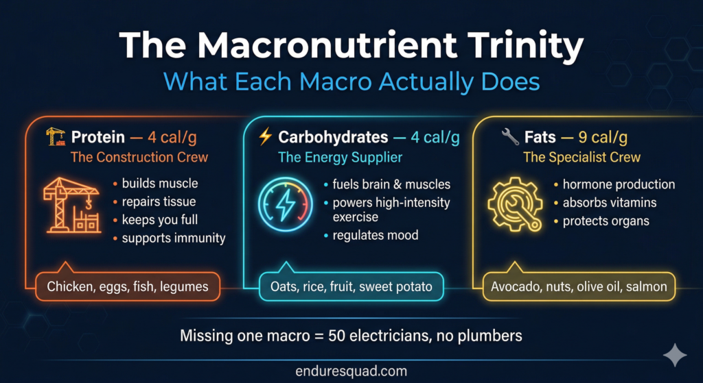 The macronutrient trinity - protein carbohydrates fats infographic for nutrition and muscle recovery