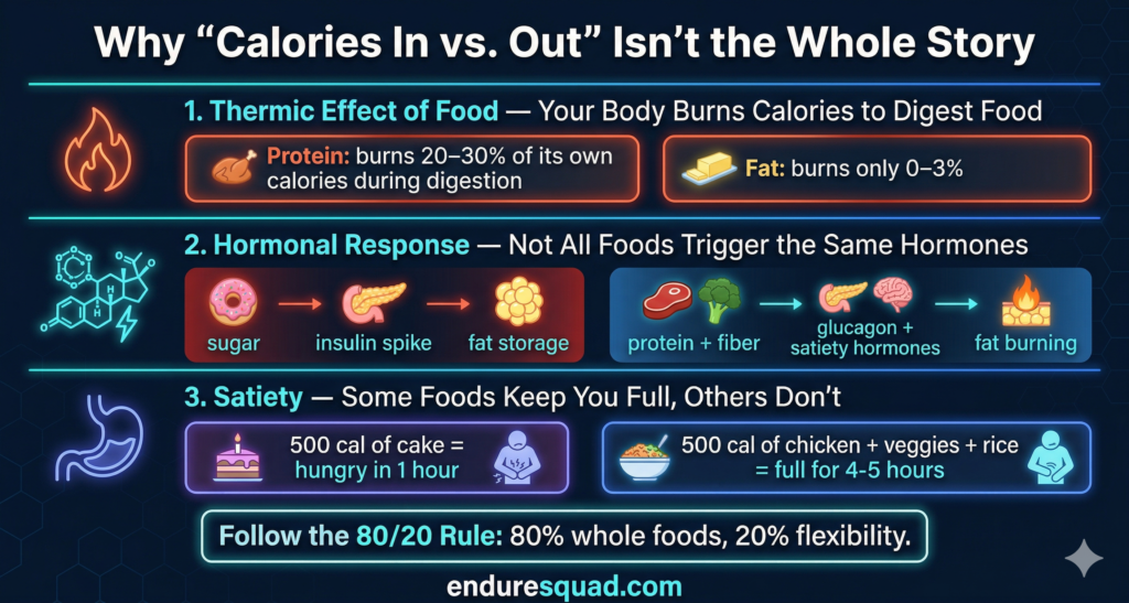Why calories in vs calories out isn't the whole story - thermic effect hormones satiety infographic