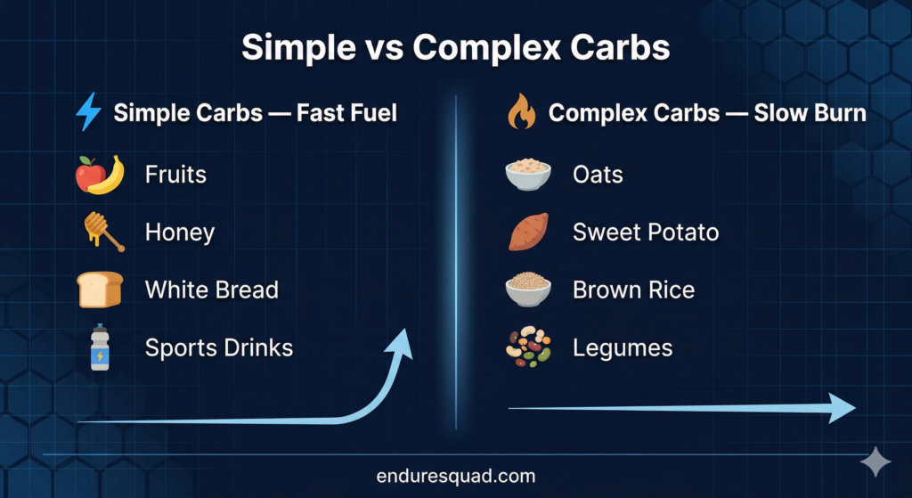 Simple vs complex carbohydrates comparison infographic - fast fuel vs slow burn