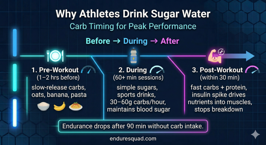 Why athletes drink sugar water - carbohydrate timing for performance infographic