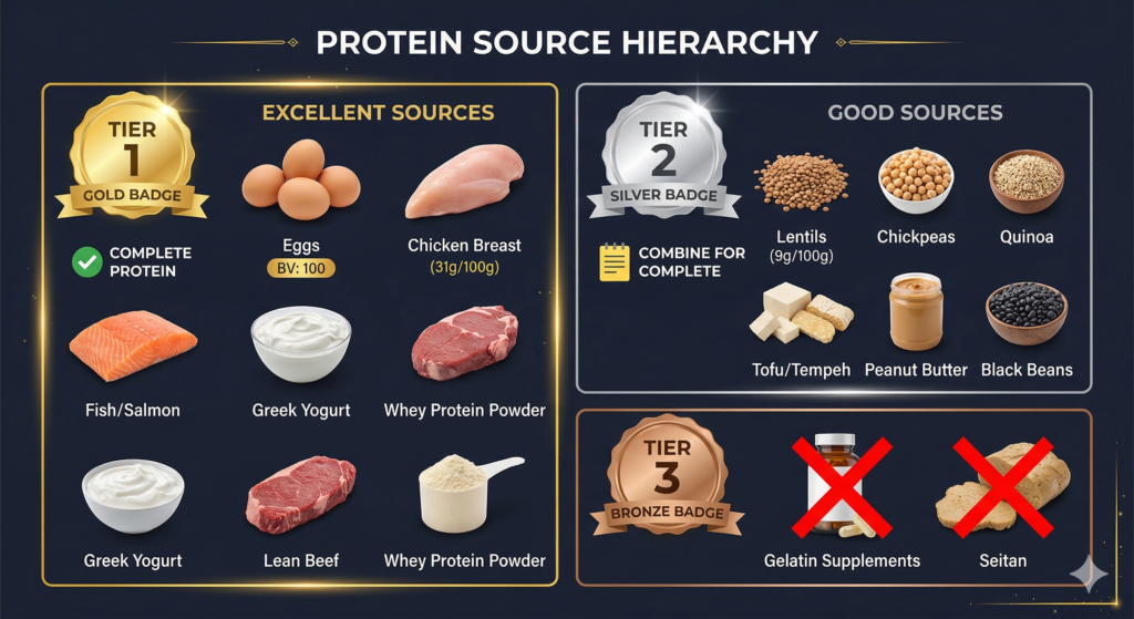 Protein source quality hierarchy infographic showing best protein sources ranked by biological value