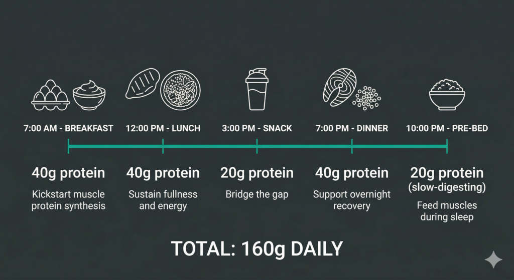 Daily protein timing infographic showing optimal meal distribution of 160g protein across 4-5 meals