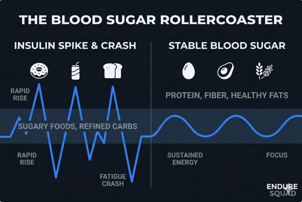 Blood sugar rollercoaster spike and crash vs stable blood sugar graph