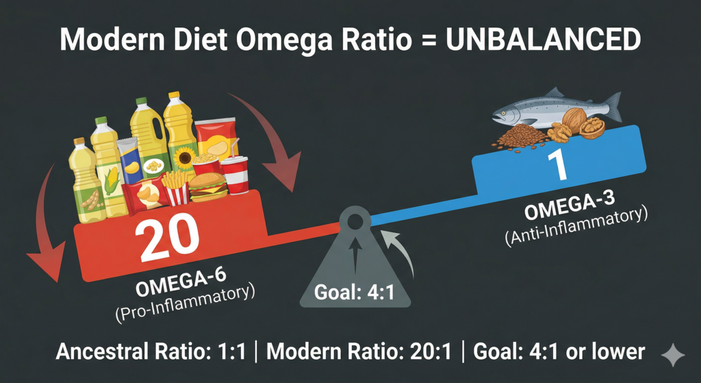 omega-3 omega-6 ratio balance inflammation seesaw diagram modern diet ancestral