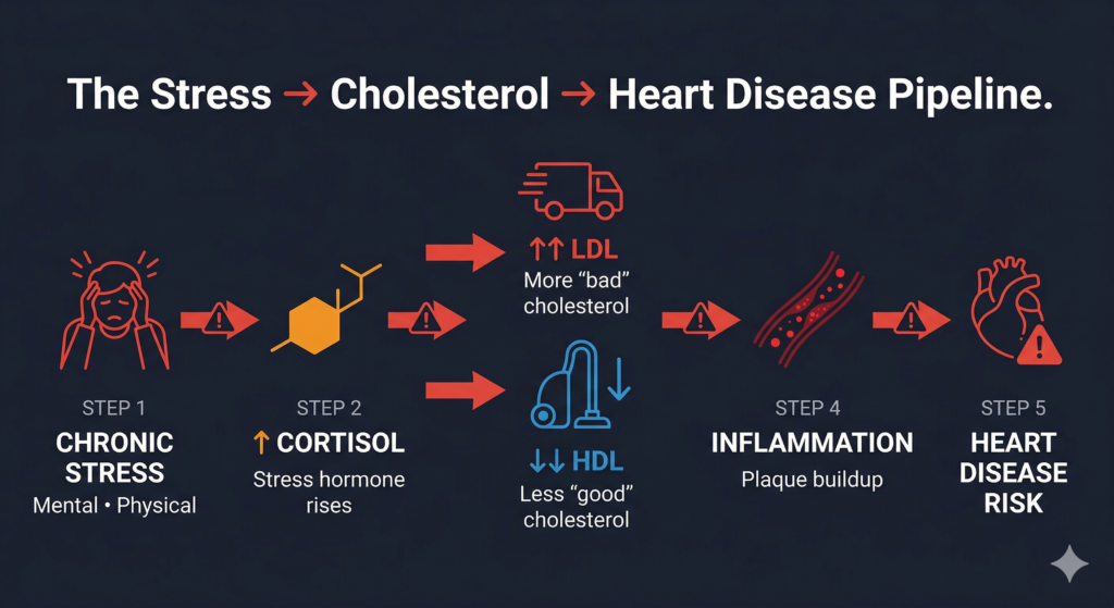 stress cholesterol inflammation pathway cortisol LDL HDL heart disease flowchart